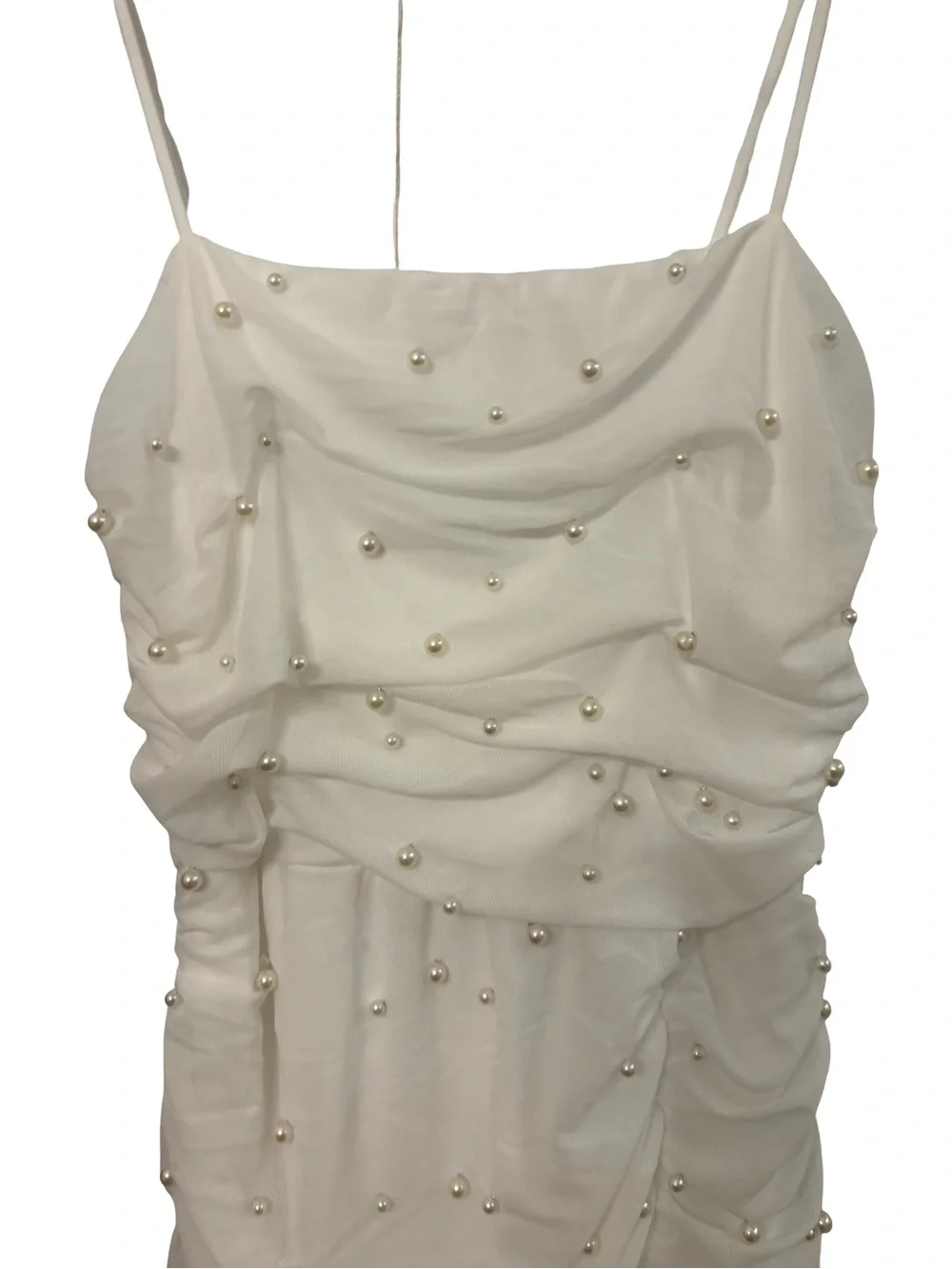 Lulu's Ivory Pearl-Embellished Ruched Slip Event Feminine Romantic Dress Medium